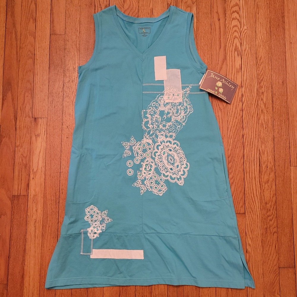 Jane Ashley Turquoise White Lace Sequin V Neck Sleeveless Dress XL Summer Cruise